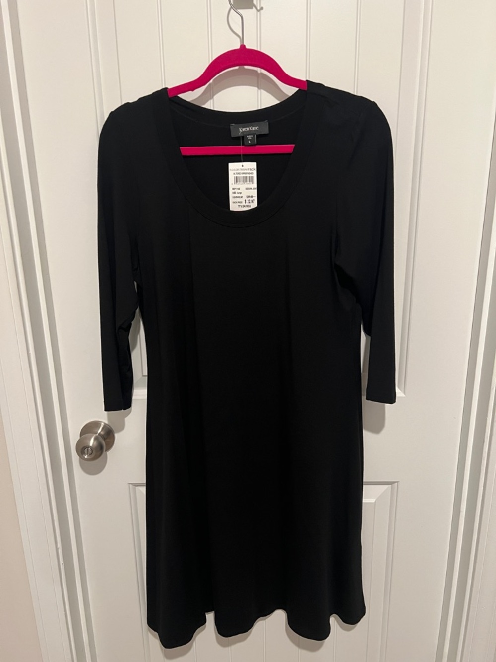 Karen Kane Black Long-Sleeve Scoop Neck A-Line Dress (no pockets).